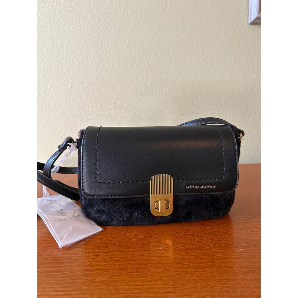 David Jones Black Faux Fur and Leather Crossbody Bag Gold Turn Lock New